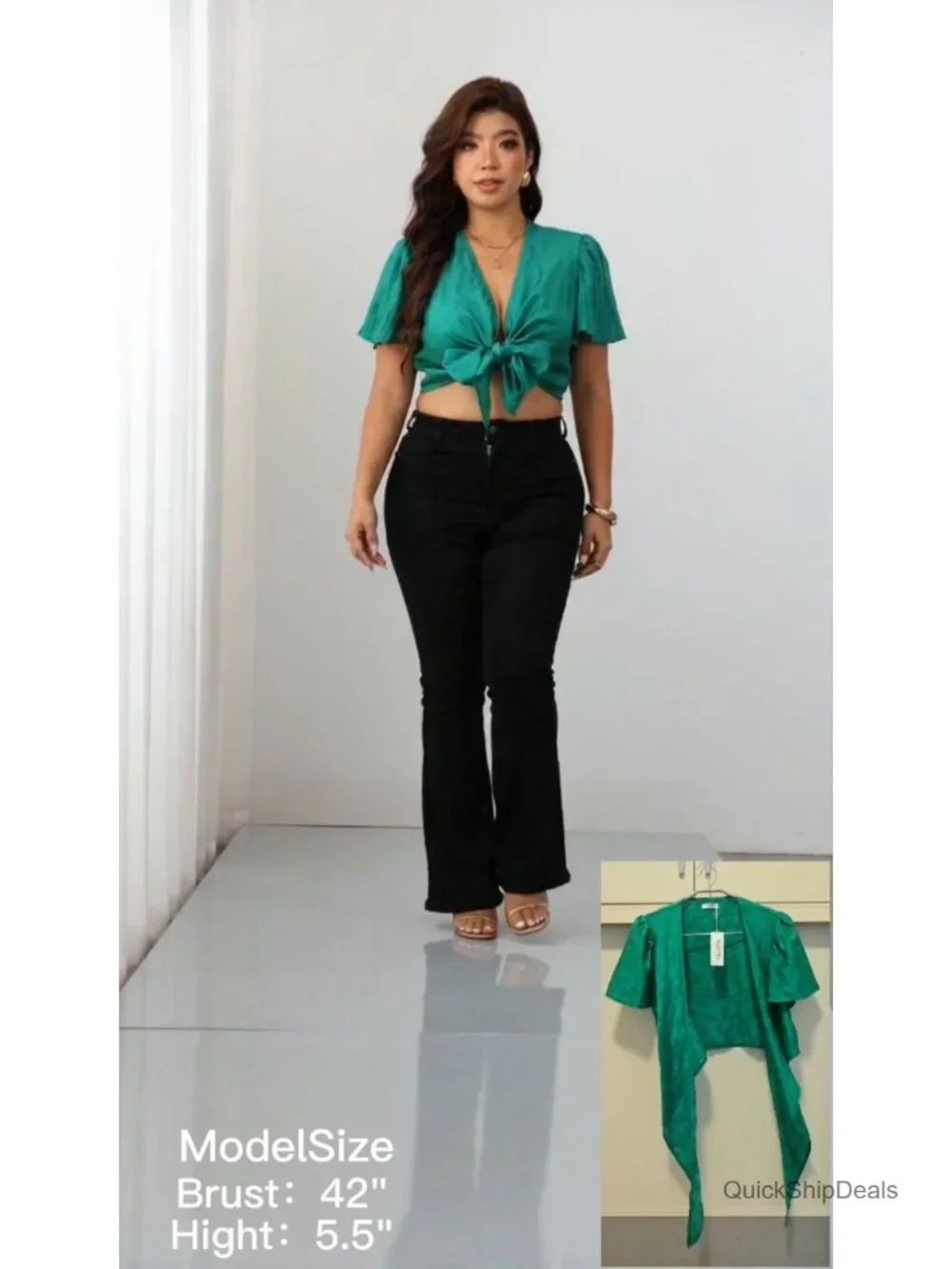 Plus Size Tie Front Crop Top Deep V Neck Puff Sleeve Lyocell Nylon Blouse